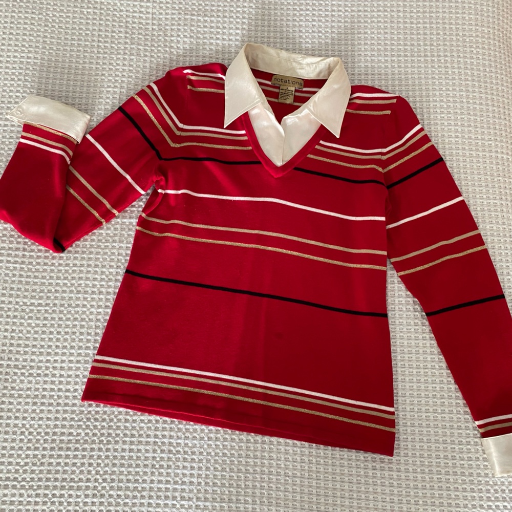 Red Striped Long Sleeve Shirt with White Collar